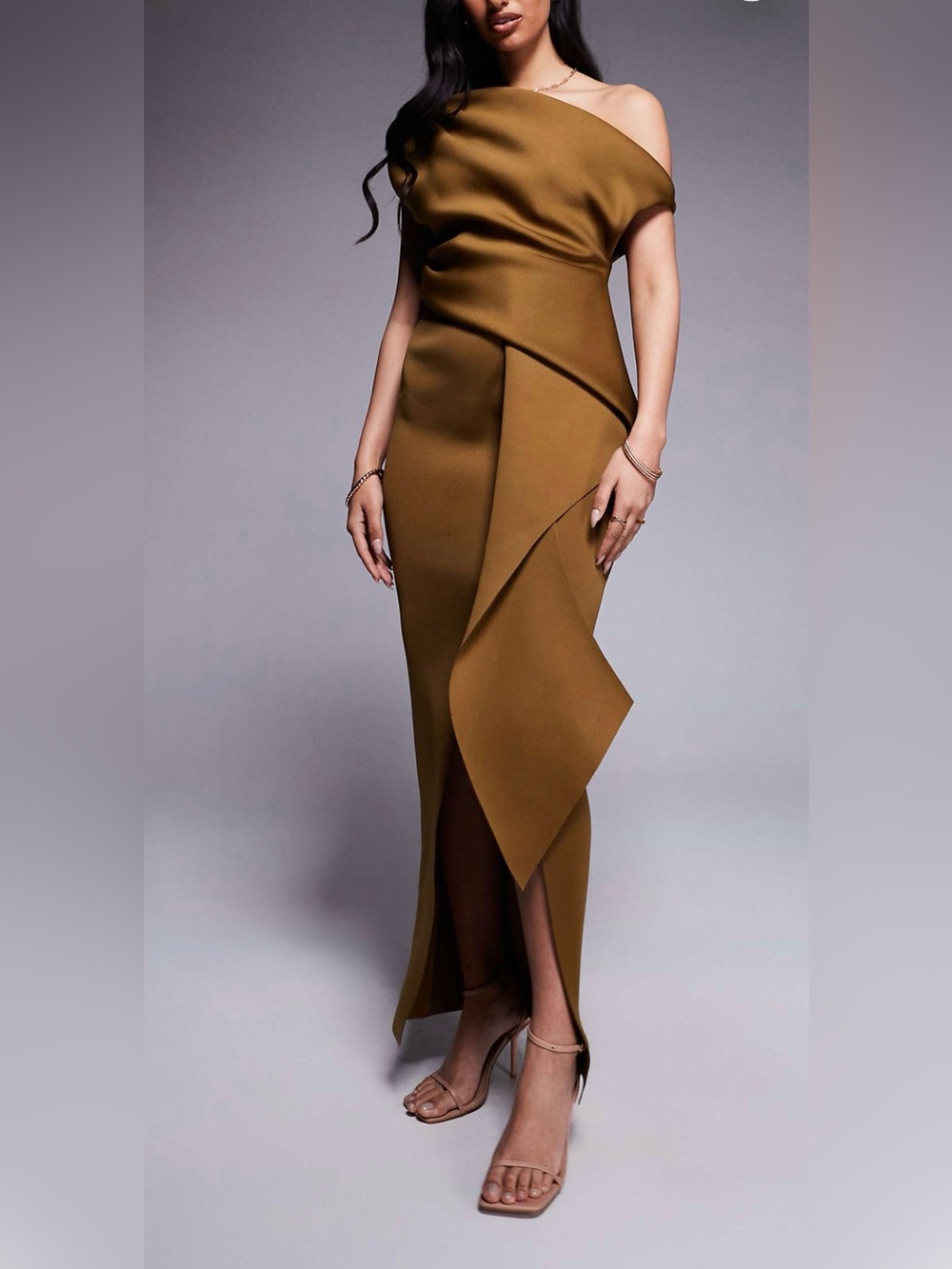 Asymmetric Olive One-Shoulder Dress (New/Never Worn Size 8)